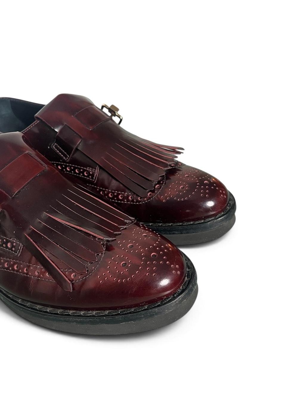 Tod's Burgundy Kiltie Fringe Leather Loafers with Side Buckle SZ 8 - Picture 3 of 4